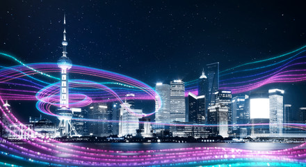 Wall Mural - Night city with abstract gradient blue and red glowing light trail surround the city ,Smart city big data connection technology concept .