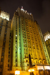 Moscow, Russia - January 2020: Evening view of the building of the Ministry of Foreign Affairs of Russia - Stalin's skyscraper on Smolenskaya-Sennaya Square in Moscow