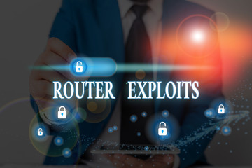 Writing note showing Router Exploits. Business concept for takes advantage of a security flaw in an application