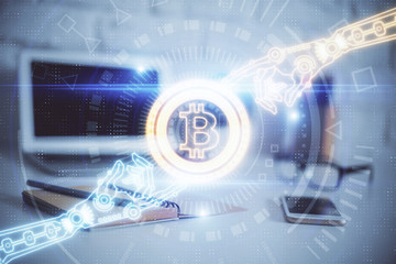 double exposure of blockchain theme hologram and table with computer background. concept of bitcoin 