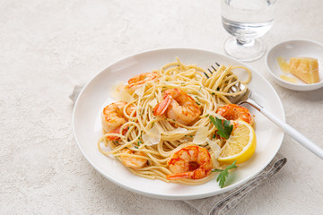 Sticker - lemon and garlic shrims spaghetti pasta on white plate