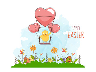 Poster - Swing Easter Chick with Balloons, Printed Eggs and Floral Nature on Watercolor Effect Background.