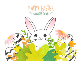 Sticker - Cartoon Bunny Face with Eggs, Flowers and Leaves on White Background for Happy Easter, Goodness To You.