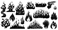 Set Of Flame And Fire In Vintage Style. Hand Drawn Engraved Monochrome Bonfire Sketch. Vector Illustration For Posters, Banners And Logo.