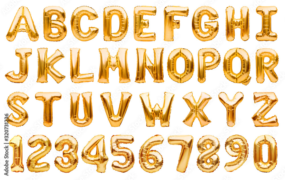 English alphabet and numbers made of golden inflatable helium balloons isolated on white. Gold foil balloon font, full alphabet set of upper case letters and numbers. - obrazy, fototapety, plakaty 