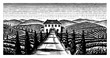 Scenic view of vineyards. Wide panoramic vine plantation in Chianti. French or Italian engraved landscape. Fields and hills of Tuscany. Hand drawn monochrome vintage horizontal sketch. 