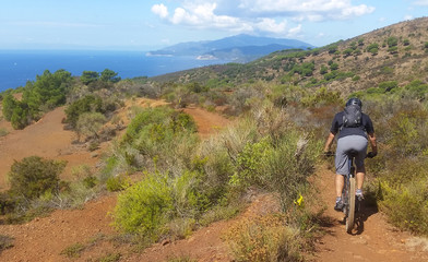 Wall Mural - Ragazzo in mountain bike viaggia nell'isola con il mare sullo sfondo