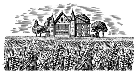 Canvas Print - Brewery on the background of wheat and barley. Scenic view of Rural landscape, village field and hill, retro wooden building. Hand drawn monochrome vintage sketch for beer or alcoholic beverage label