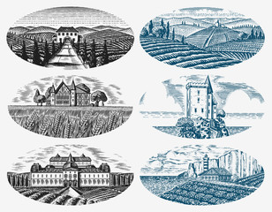 Vineyards Set. Vine plantation for bottle labels. Scenic view of French or Italian engraved landscape. Mountains Rural Fields Wheat Hills Hand drawn vintage sketch for alcohol, whiskey beer poster.