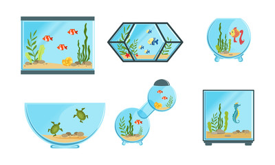 Sticker - Collection of Aquarium Tanks of Different Shapes with Sea or Ocean Fishes and Seaweeds Vector Illustration