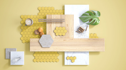 Wall Mural - Minimal yellow background, copy space, marble slab, wooden planks, cutting board, mosaic tiles, plant leaf, cappuccino, cookies, cinnamon. Kitchen interior design concept, mood board