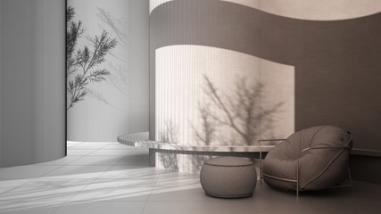 Architect interior designer concept: unfinished project that becomes real, abstract empty interior, background with curved structures, bench. Bean armchair with pouf, living room