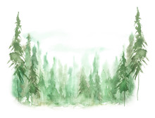 Watercolor Group Of Trees - Fir, Pine, Cedar, Fir-tree. Green Forest, Countryside Landscape. Landscape Scene For Christmas Cards, Banners. Holiday Design. Abstract Fog Forest, Silhouette Of Trees.