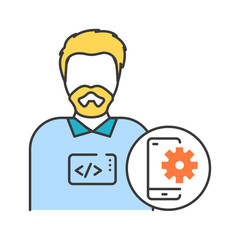 Mobile app developer color line icon. The software engineer is engaged in testing and programming applications. Icon for web page, mobile app, promo. UI UX GUI design element. Editable stroke.