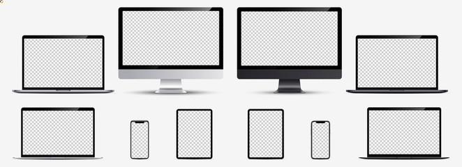 screen mockup. smartphone, tablet, laptop and monoblock monitor silver and black color with blank sc