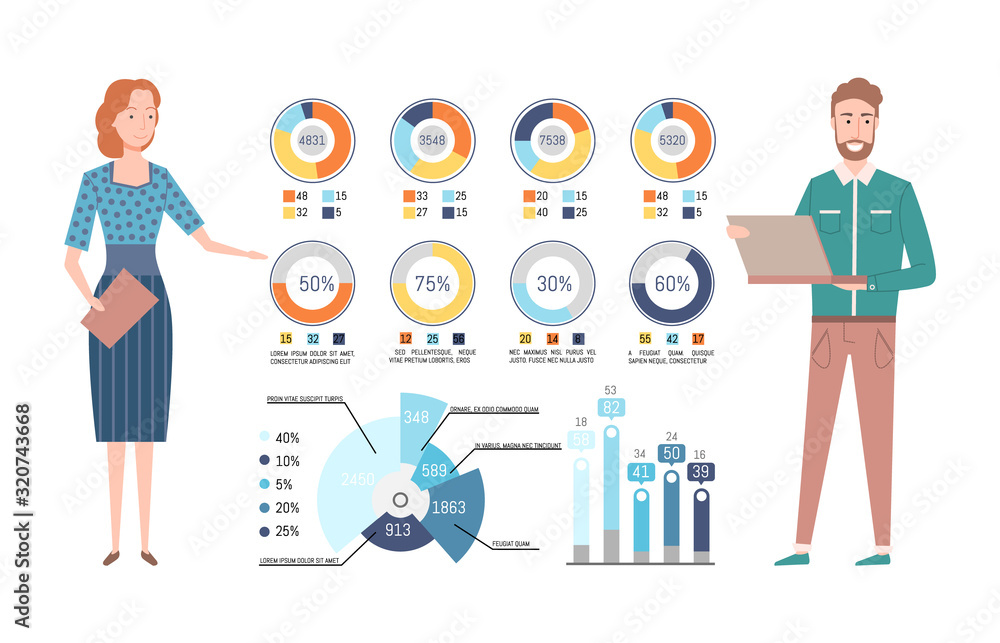 Man working with laptop, woman presenting diagrams with percent report ...