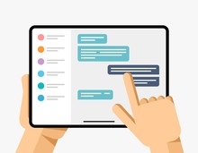 Tablet mockup in human hand. Chat messenger texting application. User list, message bubble. EPS10 Vector
