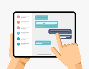 Tablet mockup in human hand. Chat messenger texting application. User list, message bubble. EPS10 Vector