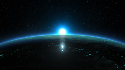 Wall Mural - beautiful view from space of the sun rising over planet earth. blue version. elements of this 3d ill