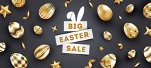 Easter Sale Black Background With Realistic Golden Decorated Eggs, Stars, Text And Ribbons. Minimalistic Design. Holiday Poster, Flyer, Banner