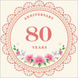 80th years anniversary, birthday card. Vector design background with decorative floral circle for celebration, invitation