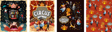 Welcome To The Circus! Vector Illustrations For A Poster, Invitation Or Banner With Drawings Of The Arena, Host, Clown, Magician, Gymnasts And Animal Lion.