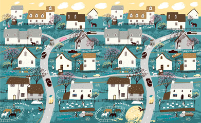 Wall Mural - Spring landscape, garden and farming. Vector illustration of nature, village, houses, trees, people and domestic animals. Drawing of a village and city for background, poster or banner.