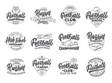 Set Of Vintage Football Emblems And Stamps. Sport Badges, Templates And Stickers For Football Club, School, League