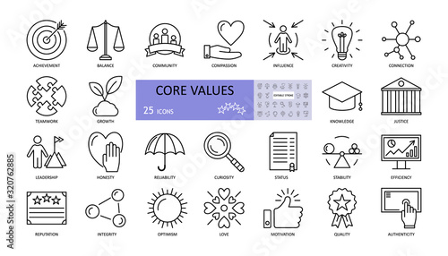 Fotomural Vector set of core values icons with editable stroke