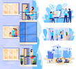 © Seahorsevector - Happy family in modern apartment, new house construction vector illustration. Building project engineering, people moving to new home apartment, modern residential building concept. Family relocation