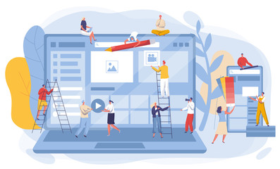 website interface development concept, vector illustration. team of cartoon characters in process of