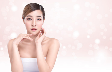 Beauty Young asian woman with perfect facial skin. Gestures for advertisement treatment spa and cosmetology.