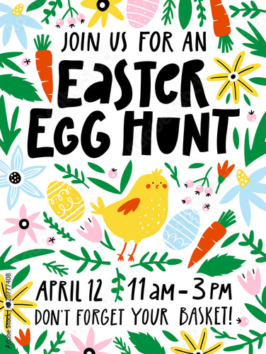 Easter Egg Hunt Invitation Or Poster Template With Flowers Eggs