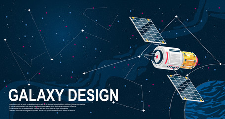 Wall Mural - vector horizontal banner design in space style with planet, stars, detailed satellite