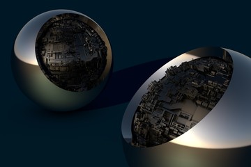 Alien technology in a metallic ball. Techno sphere with reflections