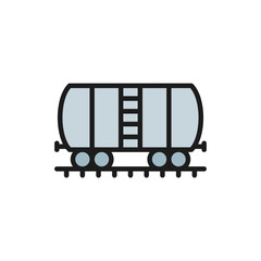 Sticker - Oil tank on rails, cargo wagon flat color line icon.