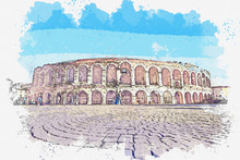 Watercolor Drawing Painting Of The Colosseum Verona Arena Famous Landmark At Verona Italy.