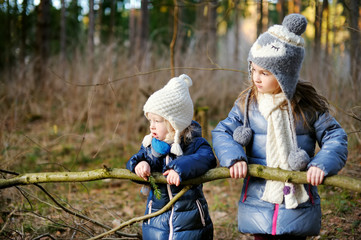 Wall Mural - cute little girls having fun during forest hike on beautiful spring day. children exploring wild nat