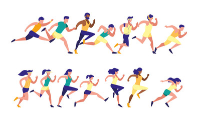 Women and men running set vector design