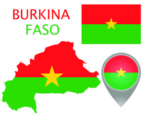 Canvas Print - Colorful flag, map pointer and map of Burkina Faso in the colors of the Burkina Faso flag. High detail. Vector illustration