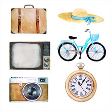 Watercolor Illustration Of Vector Retro Vintage Objects, Old Icons Of Hat, Suitcase, Tv, Bicycle, Photo Camera, Pocket Clock, Isolated On White