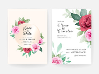 Wall Mural - Wedding invitation card template set with watercolor floral arrangements and border. Flowers decoration for save the date, greeting, poster, cover, etc. Botanic illustration vector