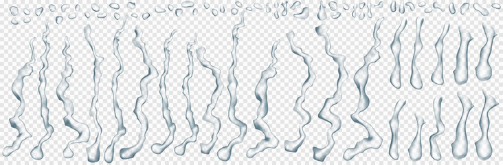 Set of translucent drops and streaks of water in gray colors in various shapes, isolated on transparent background. Transparency only in vector format