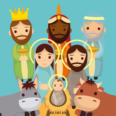 Wall Mural - cute holy family and animals manger characters