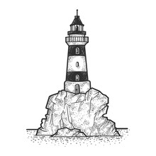 Lighthouse On Rock Cliff Sketch Engraving Vector Illustration. T-shirt Apparel Print Design. Scratch Board Imitation. Black And White Hand Drawn Image.