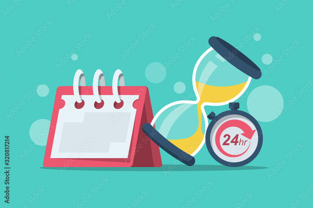 Duration concept. Vector illustration cartoon design. Calendar stopwatch and hourglass isolated on background. Time flat icon. - obrazy, fototapety, plakaty 