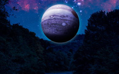 fantasy sci-fi landscape  on the earth with a huge planet in the sky during night elements of this image furnished by nasa