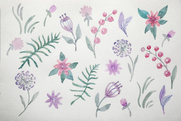 Floral watercolor pattern on white background, top view