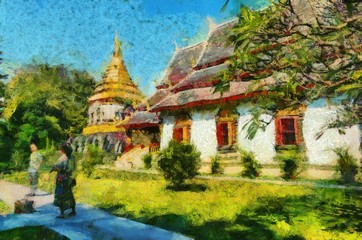 Ancient temples, art and architecture in the northern Thai style Illustrations creates an impressionist style of painting.