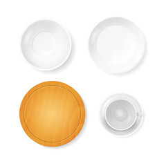 Poster - Realistic Detailed 3d White Ceramic and Wood Plate Set. Vector